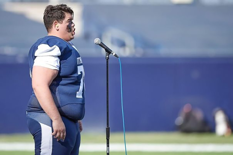 Senior offensive lineman Nick Capodilupo sang the national anthem at the 63rd annual Cortana Jug in front of 40,232 spectators.