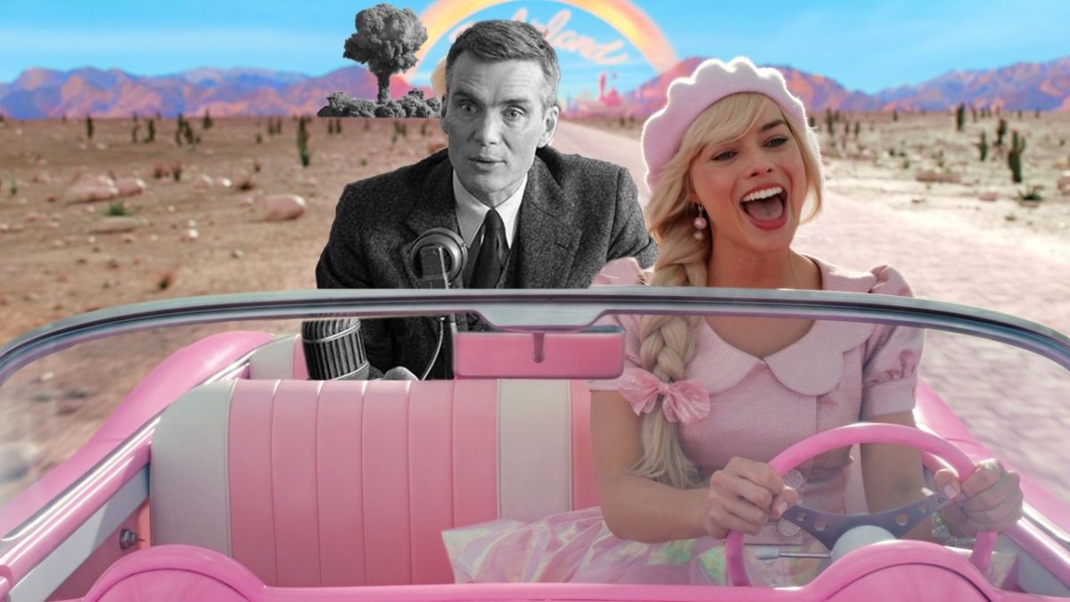 Margot Robbie as Barbie drives her pink convertible while Cillian Murphy fills in for Ken, as Oppenheimer, in the backseat. 