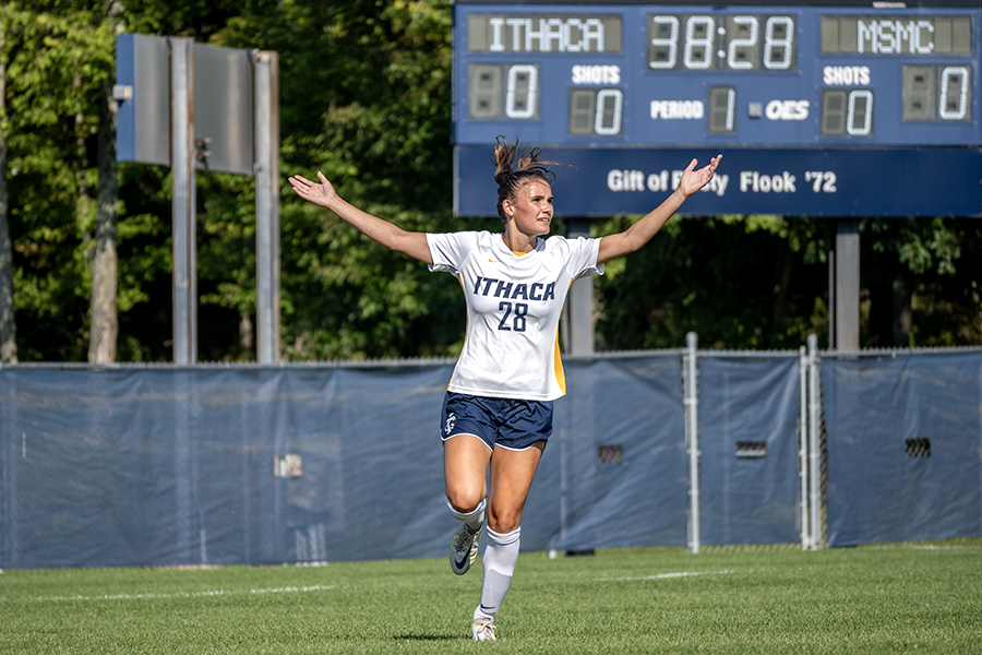 Senior defender Clare Sunderland celebrates during the Ithaca College womens soccer teams 5–0 victory over Mount Saint Mary College.