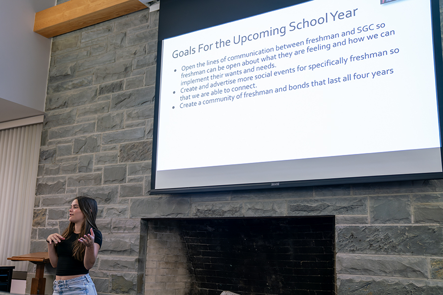 First-year student Ava Casell-Lapetina presents her campaign goals during the Ithaca College Student Governance Council platform presentations Sept. 12. Casell-Lapetina was elected as one of the two Class of 2027 senators for SGC.