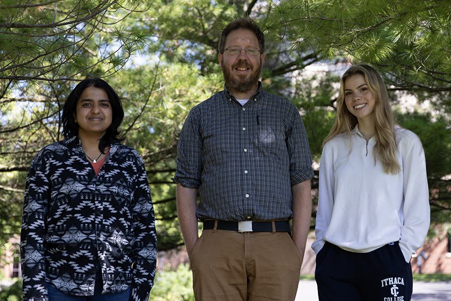 From left, Ithaca College junior Nandini Agarwal, Eric Leibensperger, assistant professor in the Department of Physics and Astronomy, and junior Daveigh Robbins collaborated on Leibensperger's New York state-funded methane study in Tompkins County and throughout the state. 
