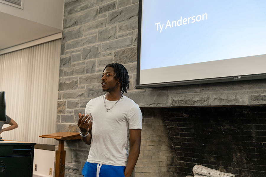 Sophomore Ty Anderson explains his campaign platform for vice president of Residential Affairs, the only open position on the Student Governance Council executive board, to the current SGC members and audience at the Sept. 12 platform presentations. 