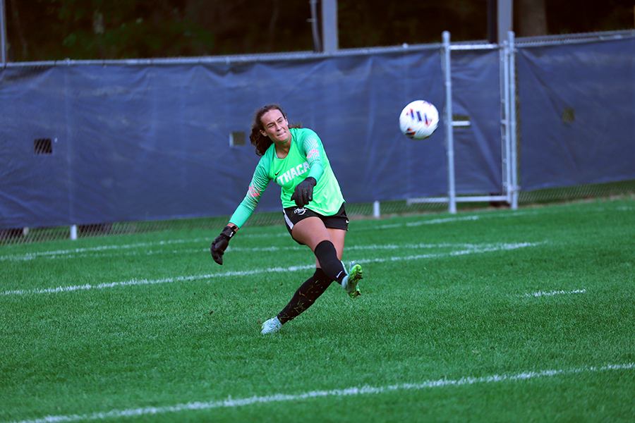 Junior goalkeeper Grace Hickey clears the ball upfield following a save. Hickey is currently leading the Liberty League with only six goals allowed as of Oct. 31.
