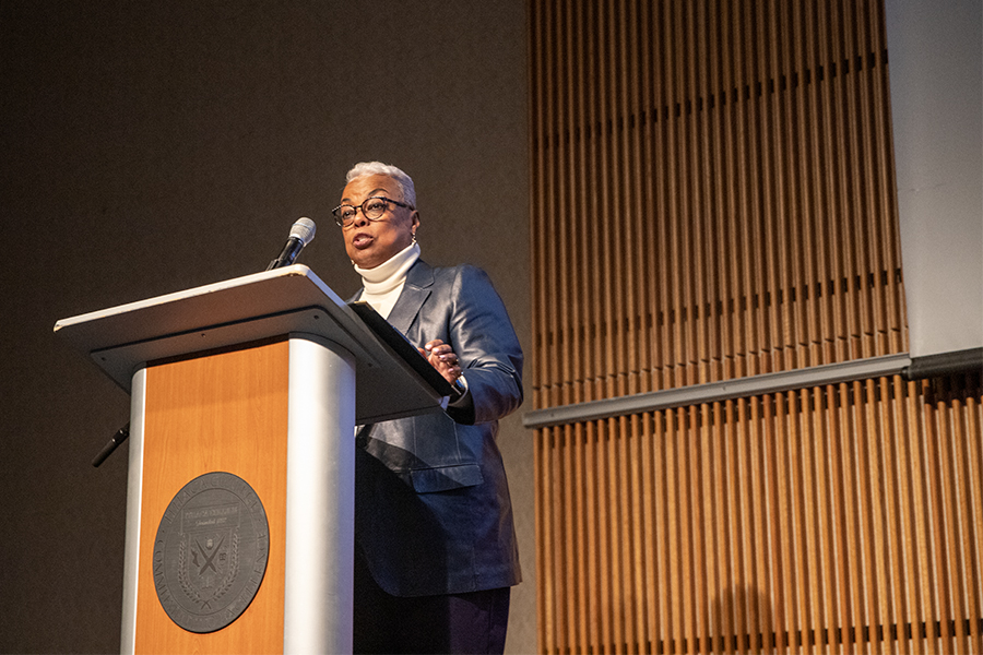 President La Jerne Cornish began the State of the College gathering Oct. 26 with the president's welcome followed by updates from the President's Cabinet about academic affairs, finances, enrollment strategies and marketing and communications.