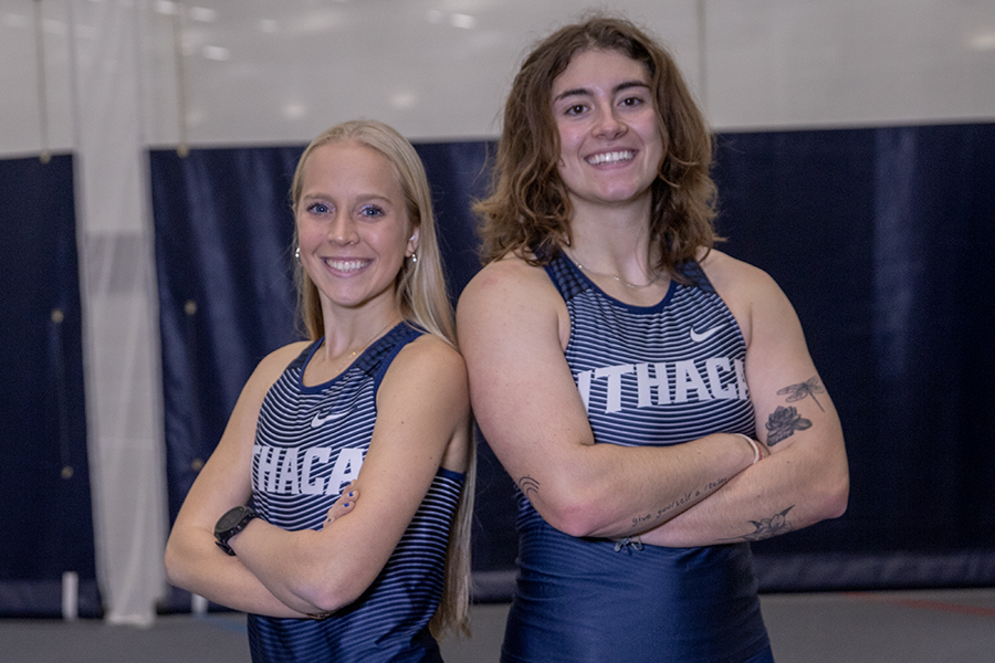 From+left%2C+sophomore+distance+runner+Kyla+Eisman+and+junior+thrower+Lily+Seyfert+aim+to+lead+the+Ithaca+College+womens+track+and+field+team+to+another+Liberty+League+championship.