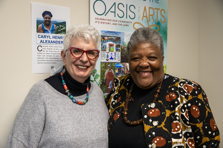 From left to right: Sue Perlgut and Caryl Henry Alexander, the collaborators of the exhibition Stand Up Women! Older Women & Social Activism in Tompkins County.