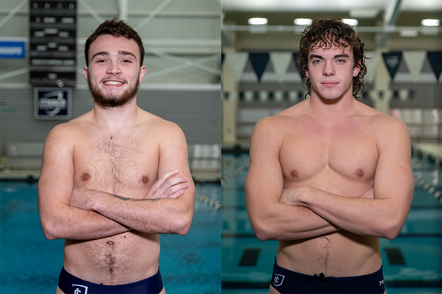 From left, sophomore diver Kian Long and junior freestyle and butterfly swimmer Matthew Mitros are looking to lead the Ithaca College mens swimming and diving team to a Liberty League championship title.