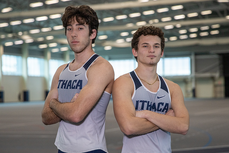 From left, sophomore multi Matt Loshkin and sophomore pole vaulter Rob George are part of the Ithaca College mens track and field teams impressive young squad. 