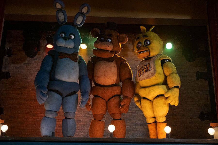From left to right: Bonnie, Freddy Fazbear and Chica, the horrifying animatronics haunting the pizzeria, in the game-turned-movie Five Nights at Freddys.