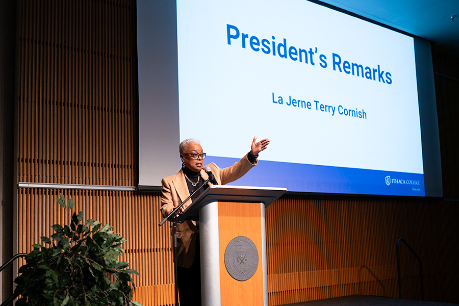 President La Jerne Cornish acknowledged the recent civil lawsuit against the college and announced her election to two board positions during her remarks. 