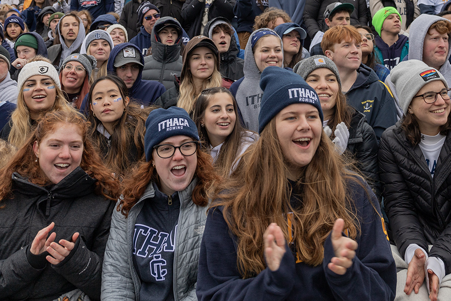 Fans cheer on the Ithaca College football team at the 2023 Cortaca Jug. The Blue Crew program will look to encourage student attendance through a points system that allows students to earns prizes for attending different sporting events.
