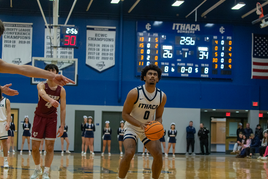 Sophomore guard Cole Wissink gets ready to shoot a free-throw while trailing 34–26 deep into the first half in the Bombers senior day loss to Vassar College on Feb. 17.
