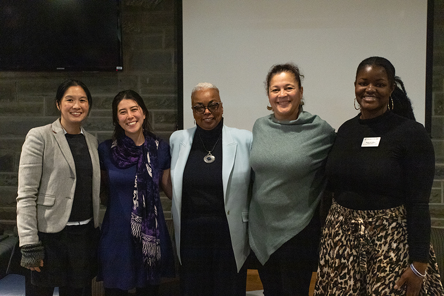 From left, Te-Wen Lo, associate professor in the Department of Biology; Mika Kennedy, assistant professor in the Center for the Study of Culture, Race, and Ethnicity; President La Jerne Cornish; Nicole Eversley Bradwell, executive director of Admission and Shadayvia Wallace, program director of the MLK Scholars and First Generation Programs.
