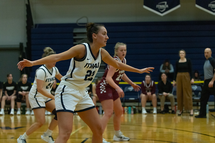 Graduate student guard Camryn Coffey prepares to step up on defense in the Bombers senior day loss to Vassar College on Feb. 17. 