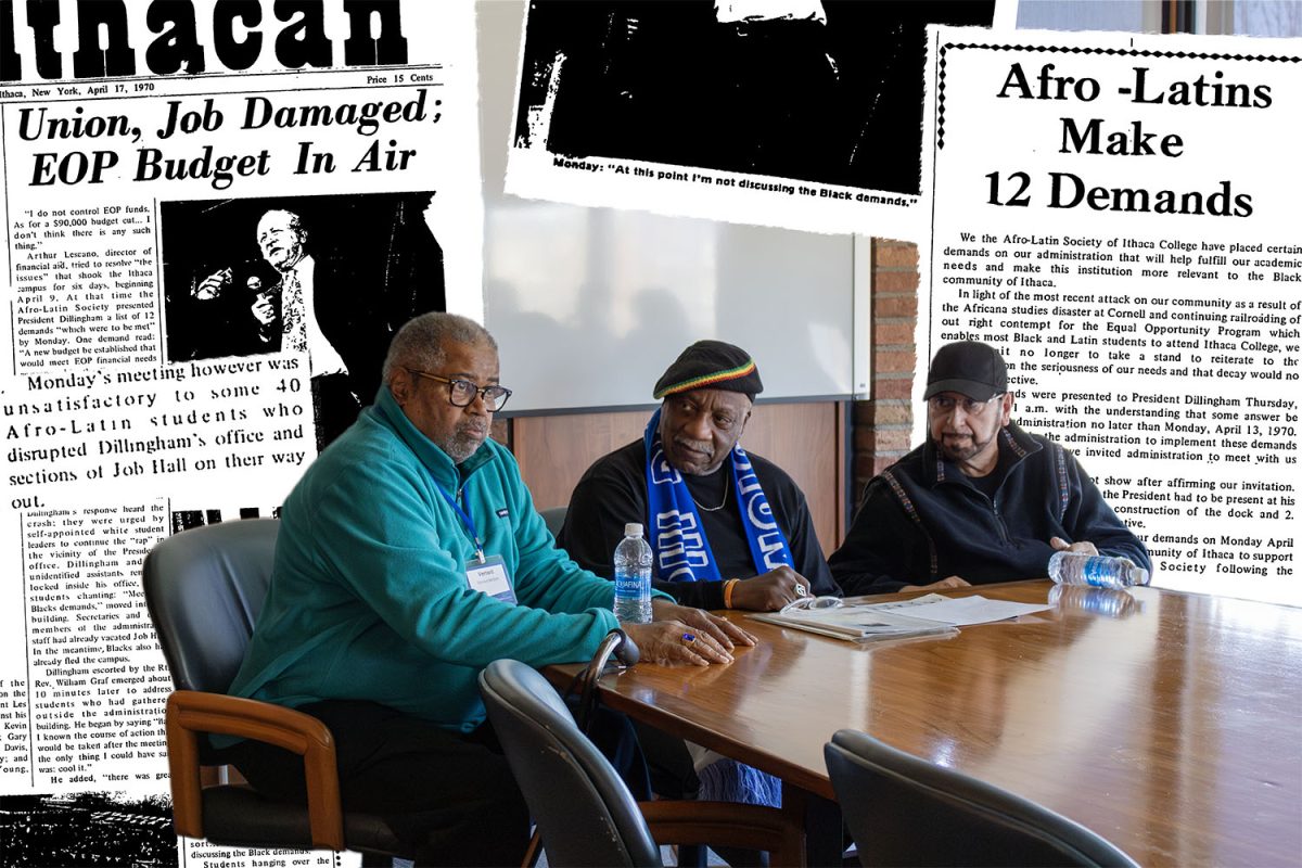 From left, Vernard McBeth '71, Dennis Byron '71 and Steven Centeno '73 participated in the march to occupy the space where former college President Howard Dillingham's office was, protesting against Educational Opportunity Program budget cuts.