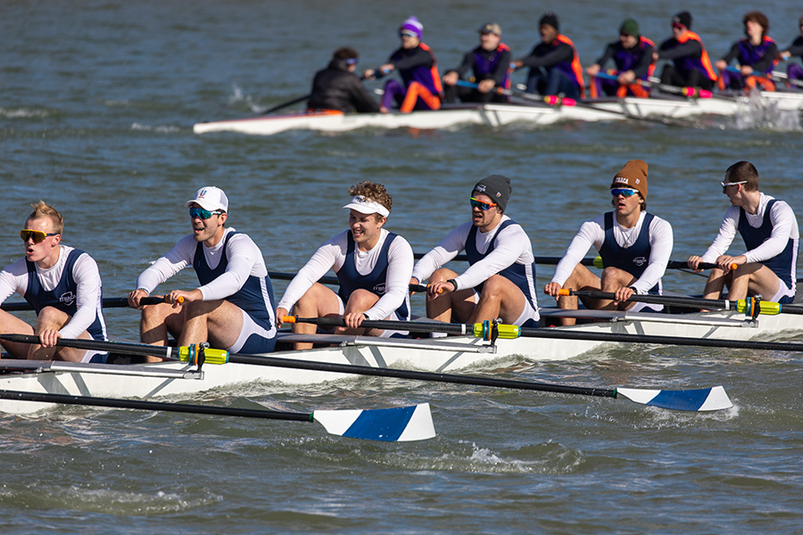 from left, sophomore Bryce Williston, junior James Ross, junior Griffin Hunt, senior Wesley Hoglin, first-year student Nolyn Boswell and first-year student Max Detzer of the first varsity eight row alongside Hobart College.