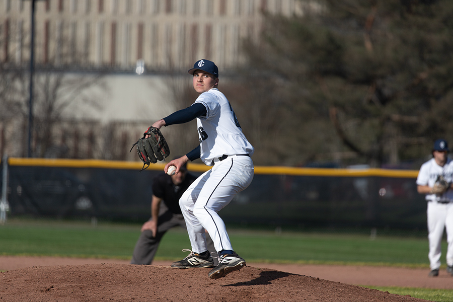 Junior righty pitcher Dan Allard steps up on the mound in the Bombers' 11–6 loss against the SUNY Oswego State Lakers. The Bombers went through six different pitchers in nine innings.