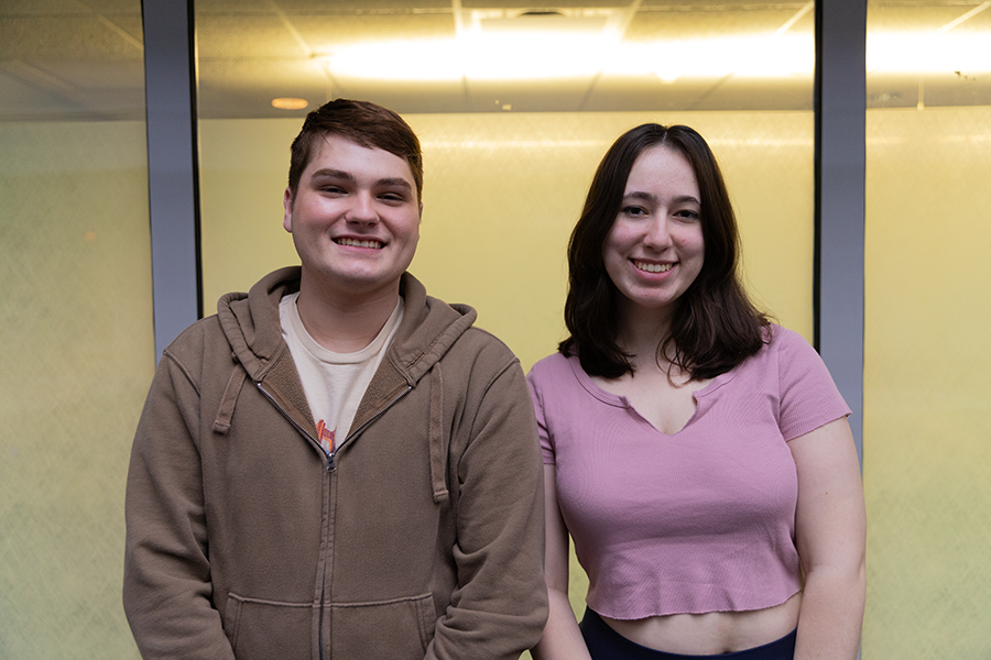 Left to right, first-year Louis Pratt, Ithaca College's Students Against Destructive Decisions president, and first-year Sabrina Linsley, vice president of IC SADD. The club, led by all first-year students, seeks to provide students with resources about how to be safe while at college.  