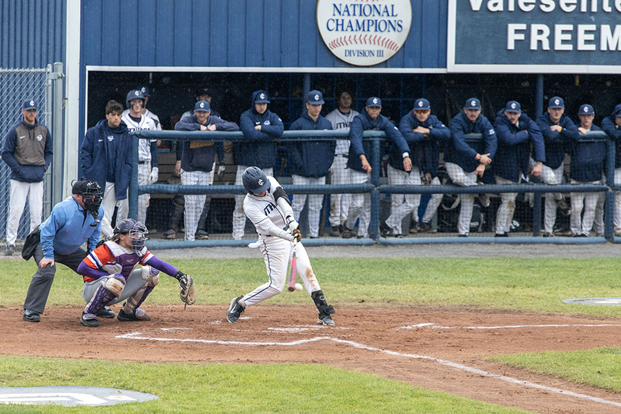 Senior outfielder Louis Fabbo connects with the ball. Fabbo has amassed 219 hits in his career and needs two more this season to surpass the programs all-time hit record.