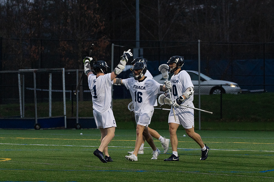 The Ithaca College mens lacrosse team celebrates a goal against the SUNY Cortland Red Dragons on April 18. On April 27, the Bombers beat the Skidmore College Thoroughbreds 15–10 to end their season with an 8–8 record.
