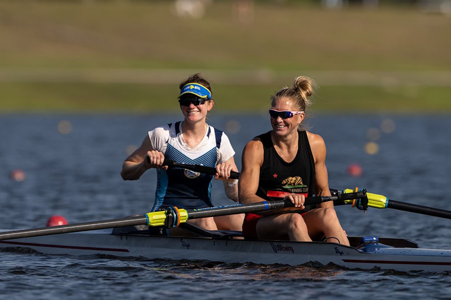 From left, Alison Rusher and Meghan Musnicki 05 race together at the 2023 Winter Speed Order in Sarasota, Florida. Musnicki is set to be the oldest American womens rower in Olympic history.