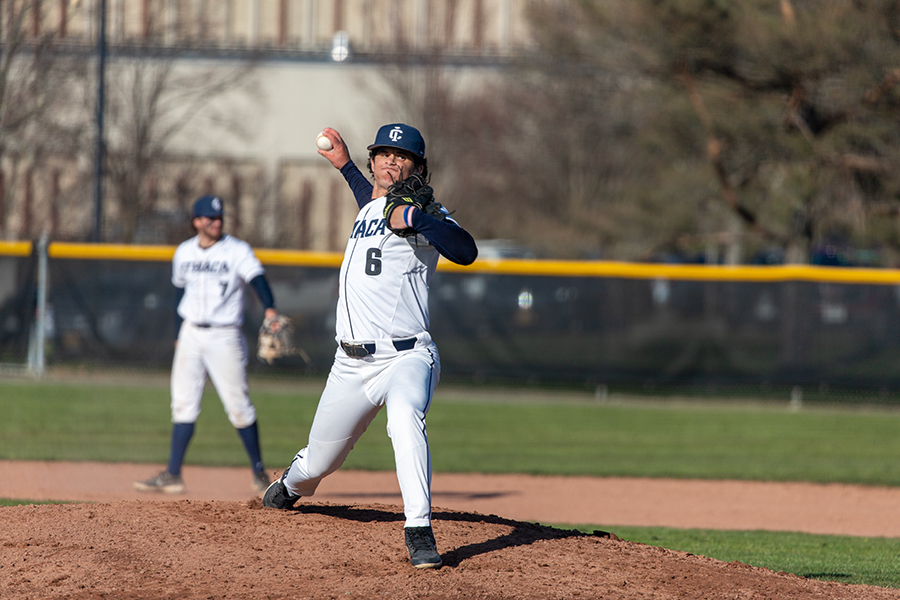 Sophomore+pitcher%2Foutfield+Conor+Burns+pitches+against+St.+John+Fisher+on+April+1.+Burns+and+first-year+pitcher+Jack+Picozzi+committed+to+Ithaca+College+primarily+as+hitters+but+have+made+their+difference+early+through+their+skills+on+the+mound.