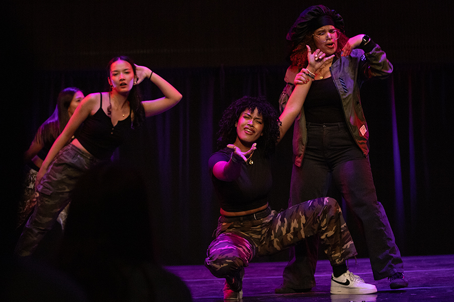 Left to right: Tisa Manandhar, Viviana Beckford and Sherleen Vargas perform at the Chaos Pulse Hip Hop dance show on Sunday March 31 in Emerson Suites. 