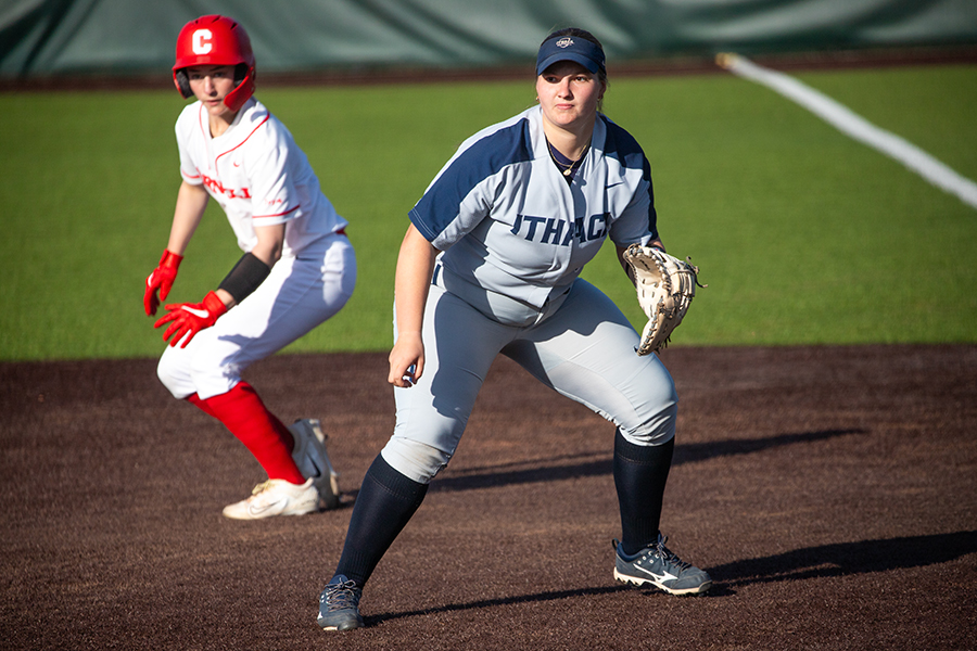 Junior first baseman Cynthia Ehrenfeld gets ready for a ball, while the Big Red's baserunner decides whether or not to run to second base. The Bombers would lose 9–3 against Division I Cornell University on April 16.