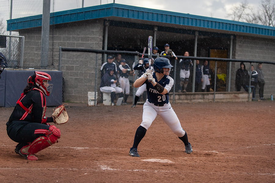 Sophomore catcher Haley Petrucci zones in at the plate and waits for the pitch against the Rensselaer Polytechnic Institute Engineers on April 12.