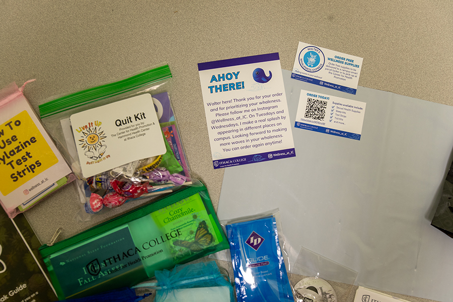 Walter's Whaleness Express offers five kits for students to order: a sexual health supply kit that includes dental dams, lubricant and condoms; a sleep kit that includes sleep masks and herbal teas; a substance use supply kit that includes tolerance break guides, fentanyl and xylazine tests, tick kits; and quit kits used to start quitting smoking or vaping. 