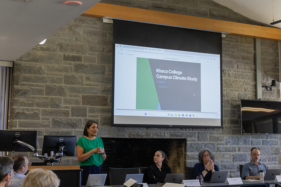 Belisa González spoke with the Ithaca College faculty council May 7 about the Campus Climate Survey results and key findings. The meeting concluded faculty council for Spring 2024, but will resume in Fall 2024. 