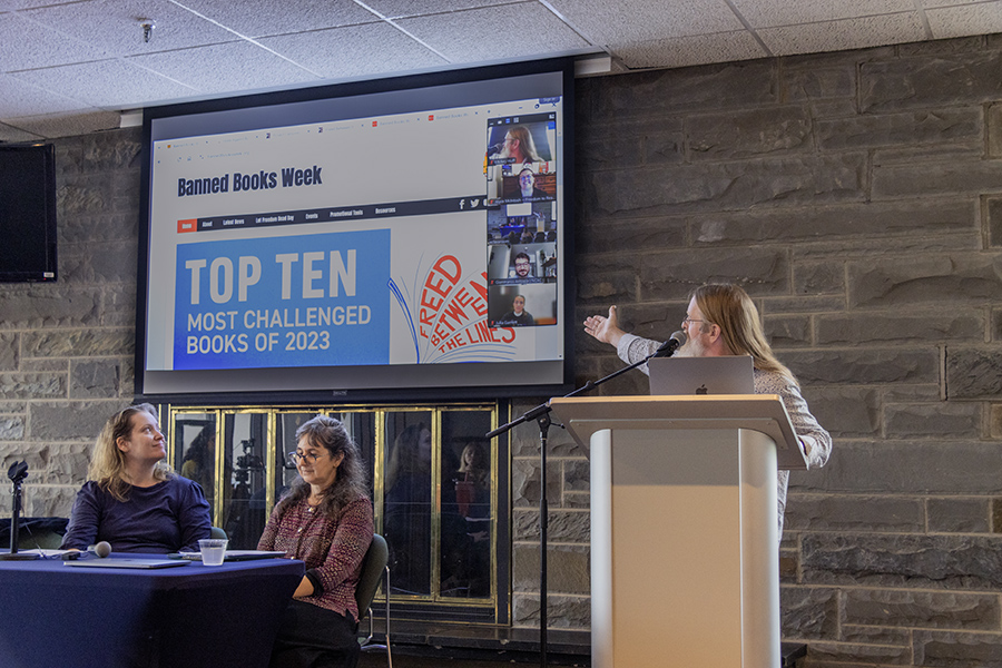 From left, Jennifer Spitzer, associate professor of Literatures in English, Cathy Michael, Communications Librarian, and Mickey Huff, distinguished director of the Park Center for Independent Media and professor in the Department of Journalism, spoke to attendees about censored authors during Banned Books Week 2024. 