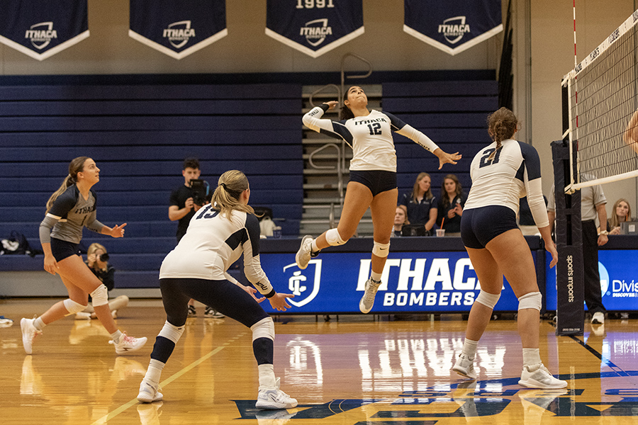 The No. 21 Ithaca College volleyball team swept the Bomber Invitational Sept. 6-7. Pictured, sophomore outside hitter Gabriela Gonzalez-Abreu sets up for a spike.