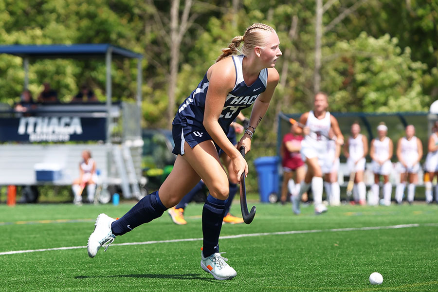 Sophomore midfielder Payton Yahner moves the ball down the field in the Bombers' 3-1 victory. The Bombers took control in the second half, scoring two goals.