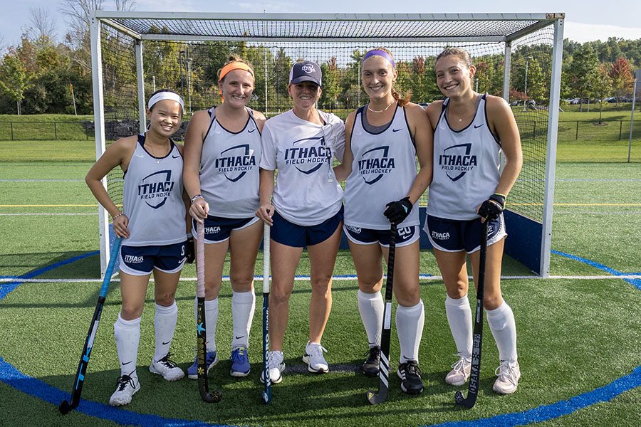 From left, first-year Mia Woodard, sophomore Brady Sullivan, head coach Kaitlyn Wahila, sophomore transfer Abby Hennessy and sophomore Brooke Snider all scored their first career goals for the Bombers this season.