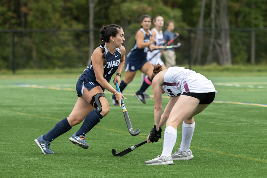 Senior striker Natalie Descalo charges down the field during the Ithaca College field hockey team's 3-1 victory over the Union College Garnet Chargers. The win improves the Bombers’ record to 6-3 overall and 1-0 in conference play.