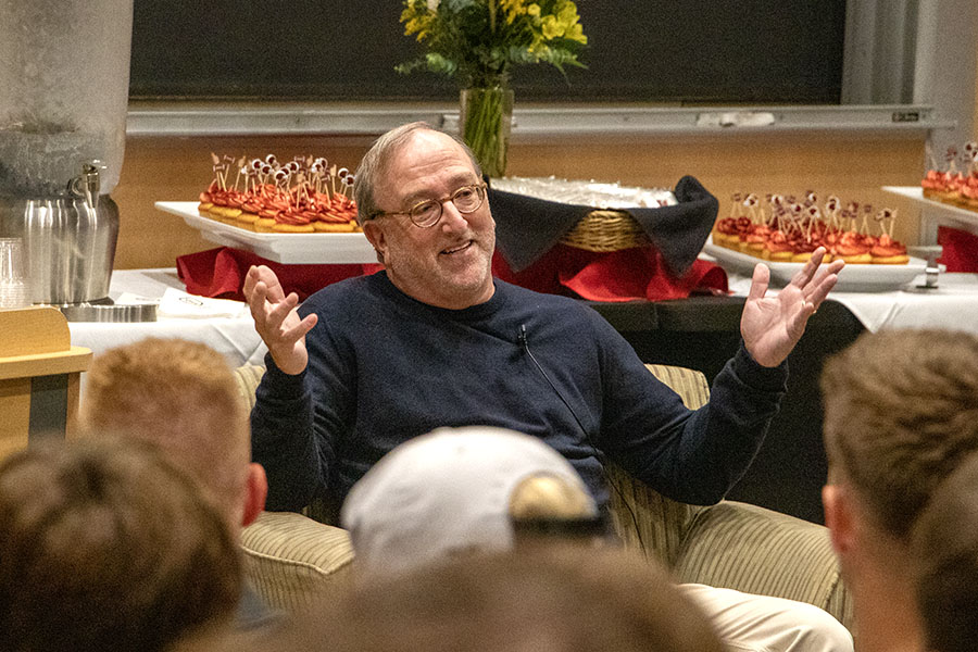 Edward Glazer ’92, owner and co-chairman of the NFL’s Tampa Bay Buccaneers, returned to campus Sept. 16 for a Q&A session with Michael Johnson-Cramer, dean of the School of Business. 