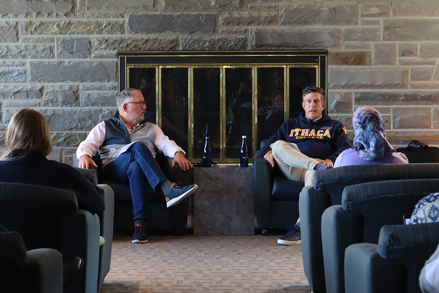 John Neeson ’84, chair of the board of trustees, and Christopher Palmieri ’96, vice chair of the board of trustees, spoke to 18 people who attended the open conversation during their visit to campus.