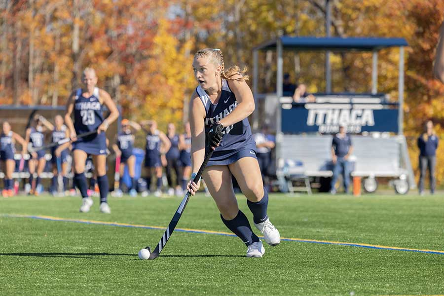 Sophomore midfielder/defender Abby Hennessy runs with the ball.