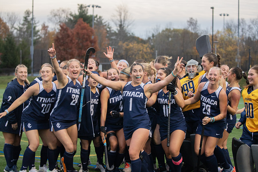 The Ithaca College field hockey team shut out the Skidmore College Thoroughbreds 2-0 Oct. 25. Pictured, the Bombers pose for a team picture after the win.