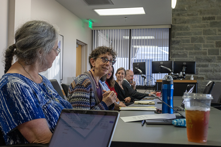 From left, Stacia Zabusky, Provost Stein, Sloan MacRae, Melissa Marchese, Allison Usavage and Will Porter. Ithaca College Faculty Council heard the Provost report and heard about the storytelling beat system from the college's marketing and communications team. 