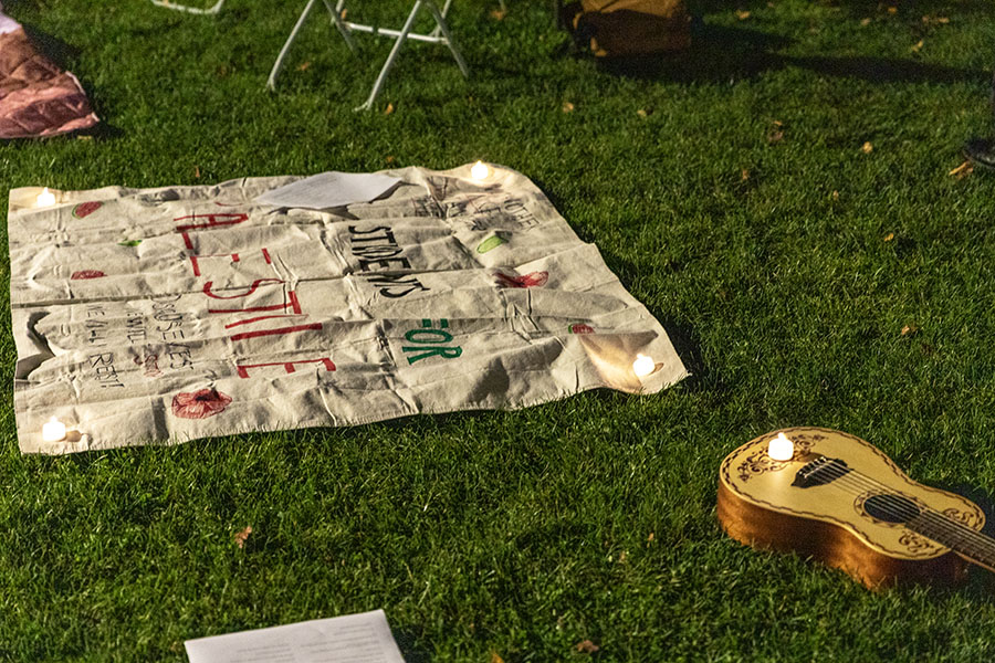 The vigil was organized by Ithaca College Students for a Free Palestine and students sat in a circle playing music, reading poetry and sharing their feelings.