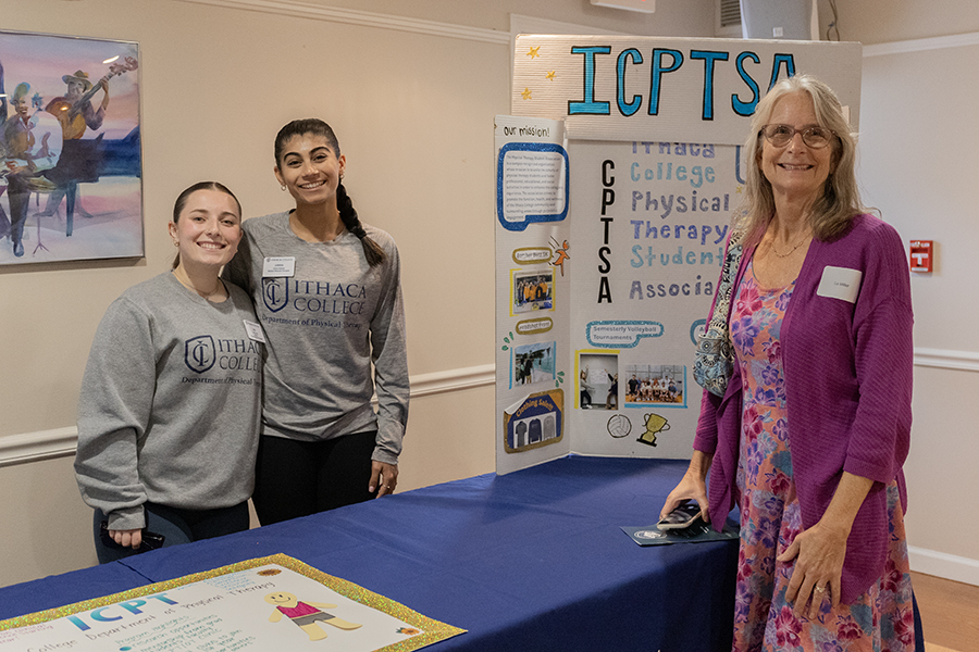 From left, Lily Stevens and Ashna Kalvani, fourth-year Clinical Health Studies majors, tabled for Ithaca College's Physical Therapy Student Association at Longview's 25-year anniversary celebration. Liz Miller, clinical assistant professor and clinic director in the Department of Speech Language Pathology And Audiology, was also in attendance at the celebration.