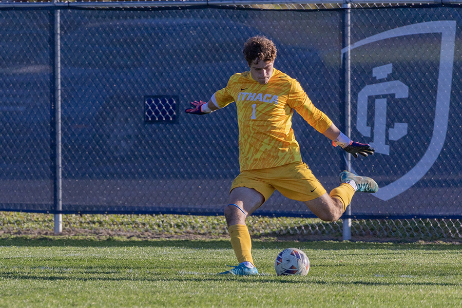 Sophomore goalkeeper Brayden Milbrandt kicks the ball downfield.