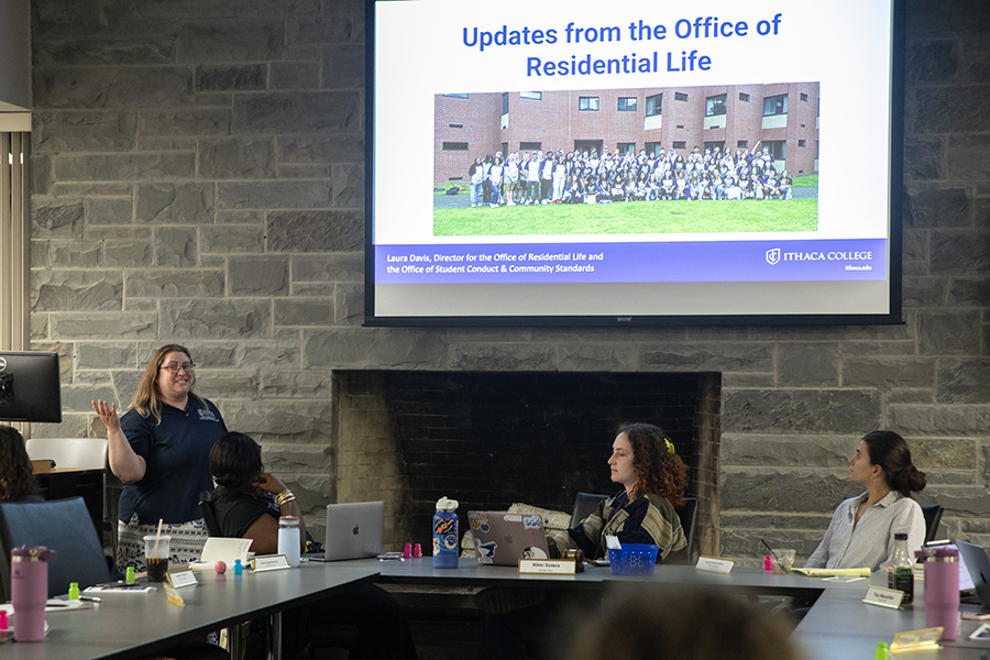 From left, Laura Davis, director of Residential Life and Judicial Affairs, junior Rishabh Sen, president of the student body, junior Nicole Sutera, senate chair, and senior Tisa Manandhar, chief of staff. 