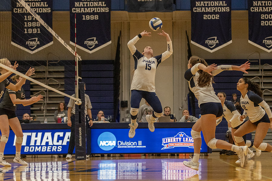 The No. 20 Ithaca College volleyball team swept the Union College Garnet Chargers at Ben Light Gymnasium Oct. 11. Pictured, sophomore setter Wesley Slavin sets the Bombers up for a spike.