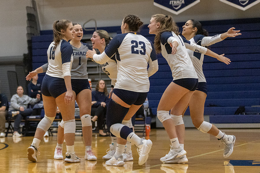 The Ithaca College volleyball team celebrates during its 3-0 win over Union College on Oct. 11. The Bombers carried that momentum into a 3-1 victory against Vassar College on Oct. 12.