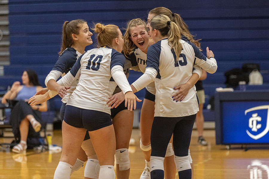 Sophomore outside hitter Naomi Clauhs hypes up her teammates. Clauhs and the other sophomores on the team have been key contributors to the Bombers' success during the 2024 season.