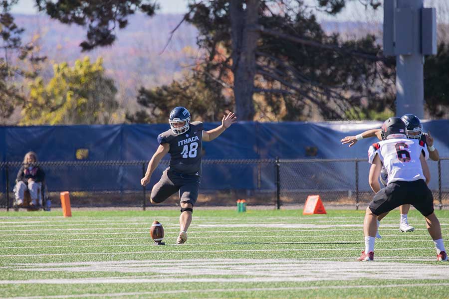 Senior kicker Derek Baldin kicks off against the Rensselaer Polytechnic Institute Engineers on Oct. 19. Against the St. Lawrence University Saints on Nov. 9, the Bombers won 41-0.