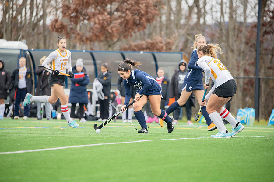 Senior striker Juliana Valli moves the ball as a defender approaches. The Bombers secured a thrilling shootout victory over the No. 17 Ursinus College Bears, extending their winning streak to seven games.